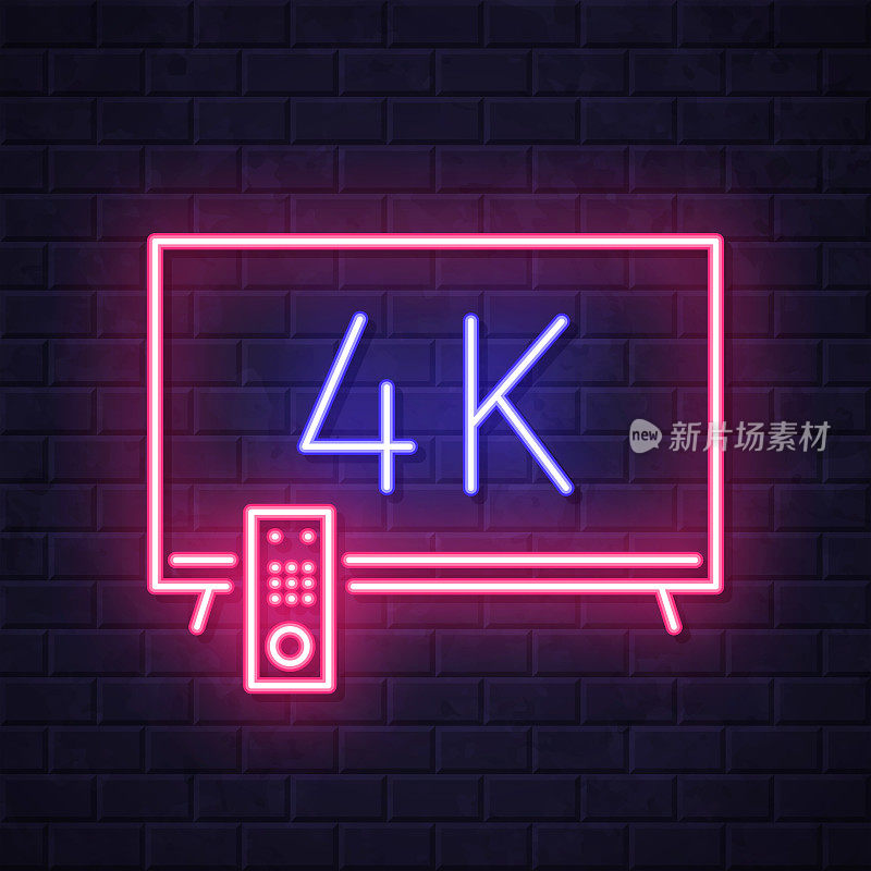 4 k电视。在砖墙背景上发光的霓虹灯图标